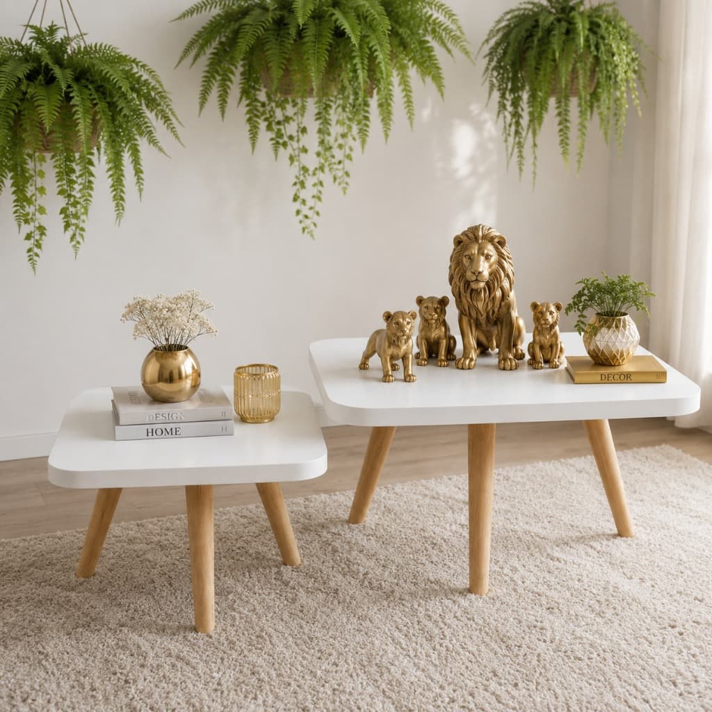 Mesa de Centro Baixa Quadrada MDF Branco Pés Pinus Moderna Minimalista Sala