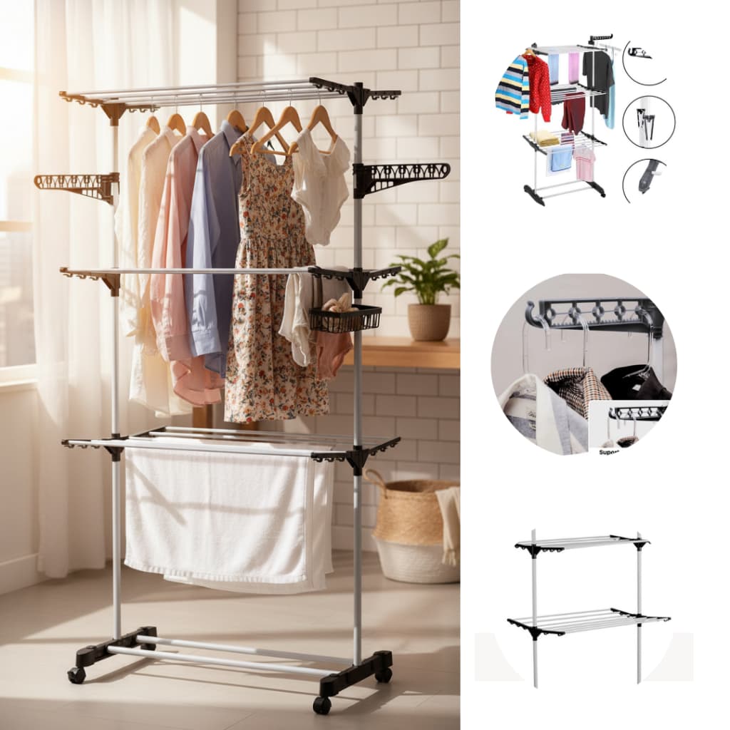 Varal Chao Dobravel 3 Andares Cabideiro Preto Organizador Roupas Compacto