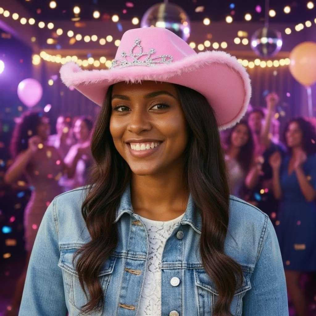 Chapéu de Cowboy com Tiara de Strass e Plumas Rosa, Preto ou Vermelho - Chapéu Country Fantasia Festa Rave Blogueira