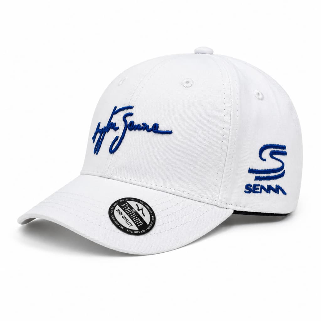 Boné Ayrton Senna Retrô Aba Curva Bordado Assinatura Senna F1 Masculino Feminino Fitão Ajustável