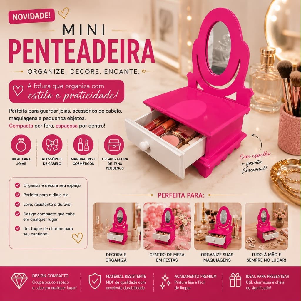 Mini Penteadeira Rosa Pink MDF Com Espelho e Gaveta Porta Joias Maquiagem Infantil Menina Organizador Quarto Decorativa