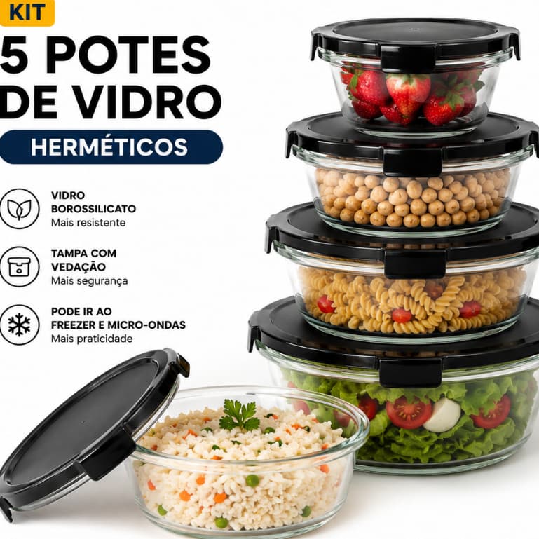 Kit 5 Potes de Vidro Hermético com Tampa para Marmita e Mantimentos