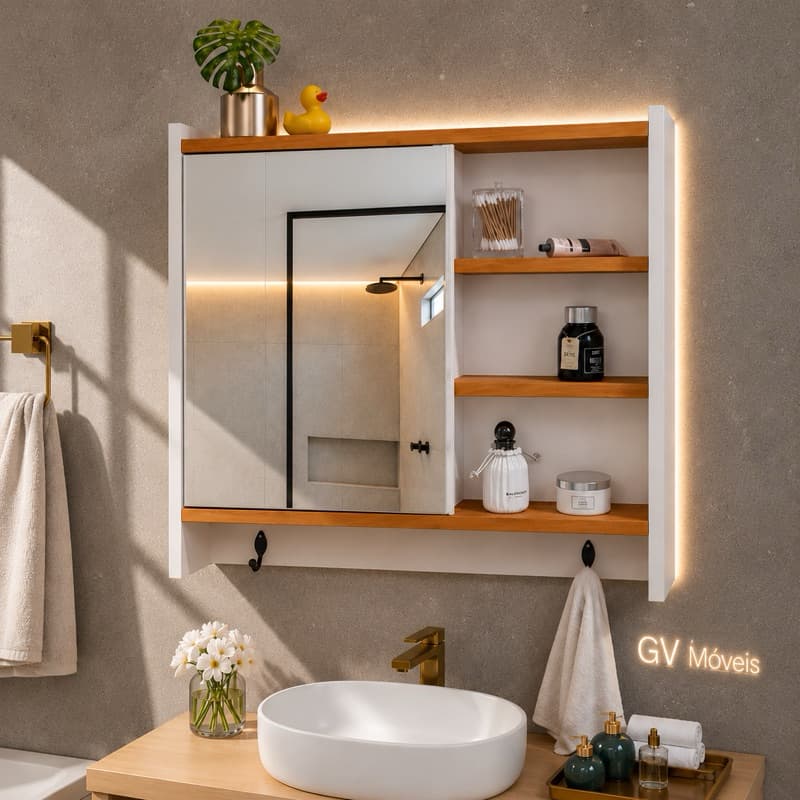 Armário para Banheiro com Espelheira Dobrável e Prateleiras NILO da GV Móveis - Elegante e Moderno