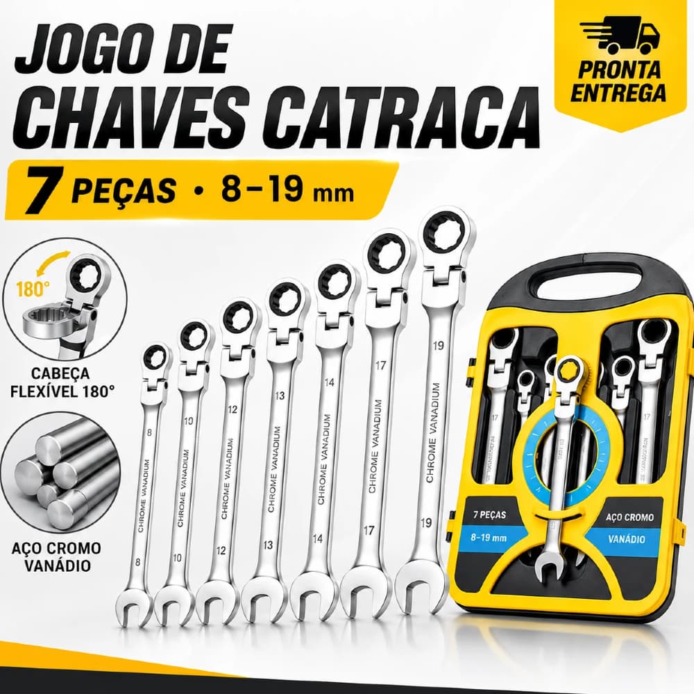 Kit 7 Peças Chave Combinada Catraca Boca Profissional 8 a 19mm – Pronta Entrega