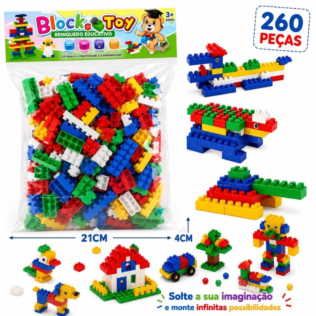 Kit 260 Peças Blocos de Montar Educativo Infantil Construção Criativa Presente Crianças