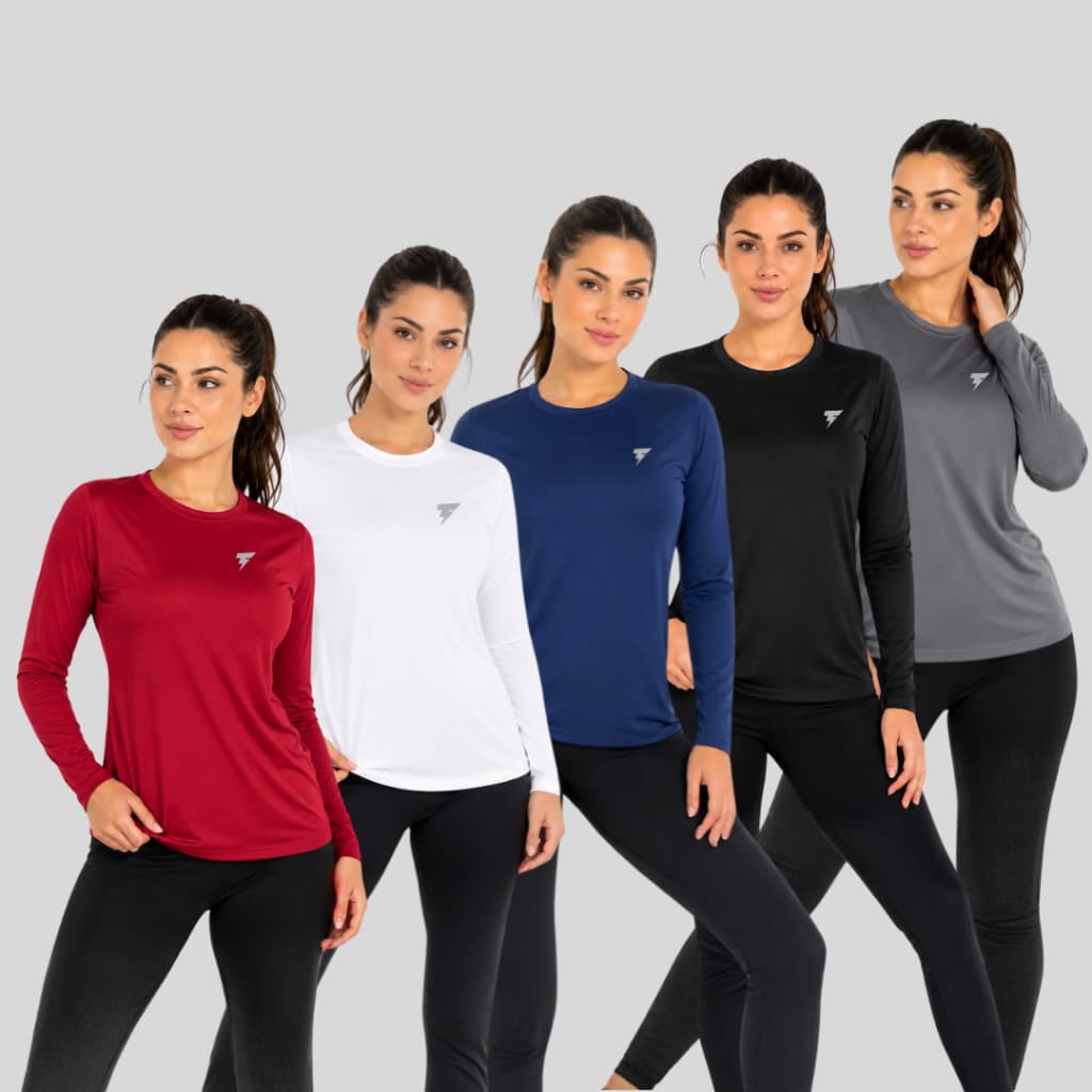 KIT c/5 Blusa Termica Feminina Manga Longa Proteção UV Frio Calor Malha Fria Camisa Fitness Academia Corrida