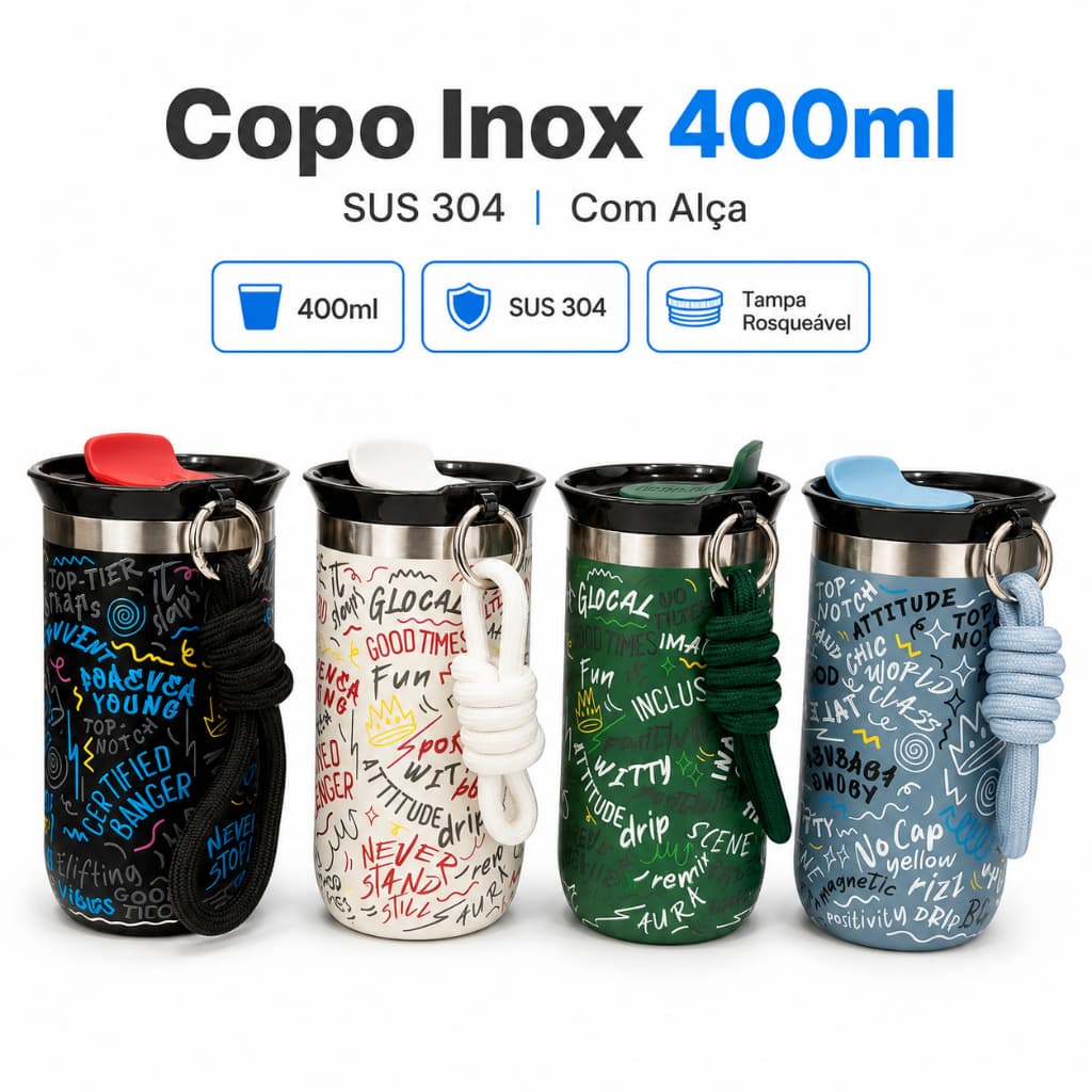 Copo Térmico Inox SUS 304 400ml Tampa Rosca Alça Portátil Café Água