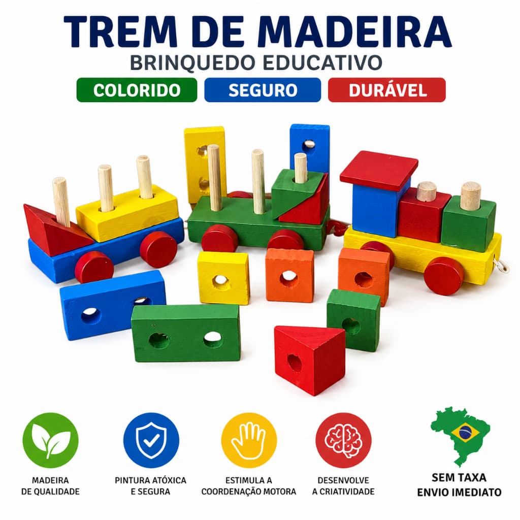 Trenzinho em Madeira de Encaixe Montessori Articulado Educativo e Colorido