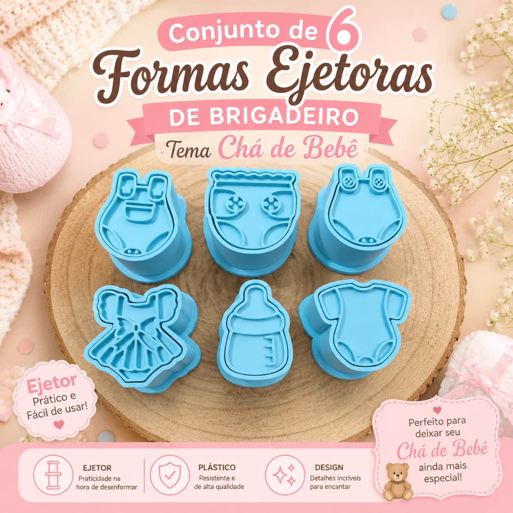 Conjunto de 6 Formas Ejetoras de Brigadeiro em PLA – Tema Chá de Bebê