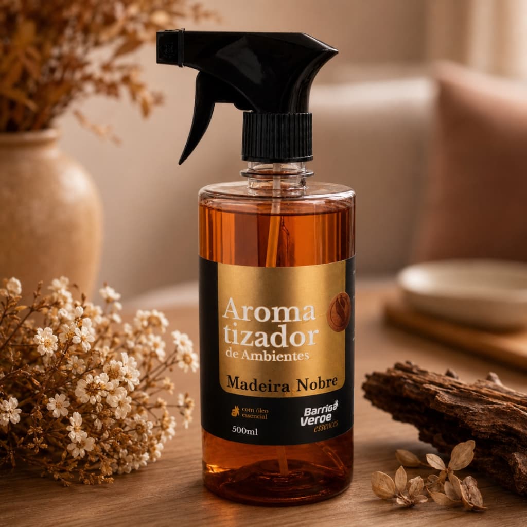 Aromatizador de Ambientes Spray 500ml Madeira Nobre Com Óleos Essenciais Barriga Verde
