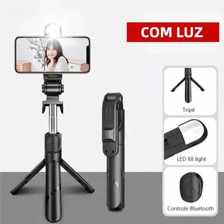 Bastão Pau de selfie Tripé Retrátil Com Luz LED Controle Bluetooth Celular RBG