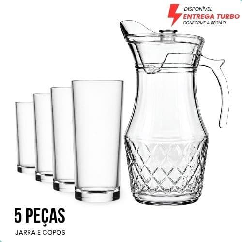 Jogo De Jarra E Copos 5 Peças Em Vidro Transparente Para Água Suco Drinks Mesa Posta