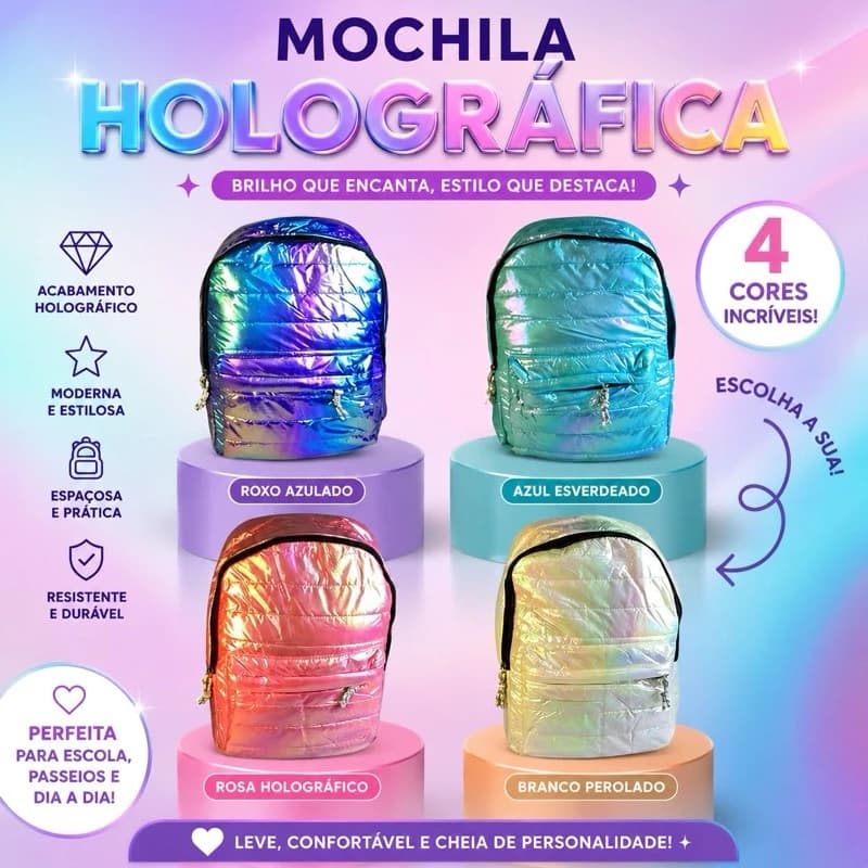 Mochila Holografica Metalizada Estilo Moderno Resistente Visual Diferenciado Uso Diario