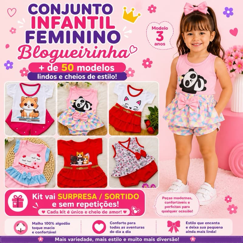 kit 6 peças de roupa infantil feminina - 3 blusas e 3 shorts - kit com 3 conjuntos roupa para bebê menina