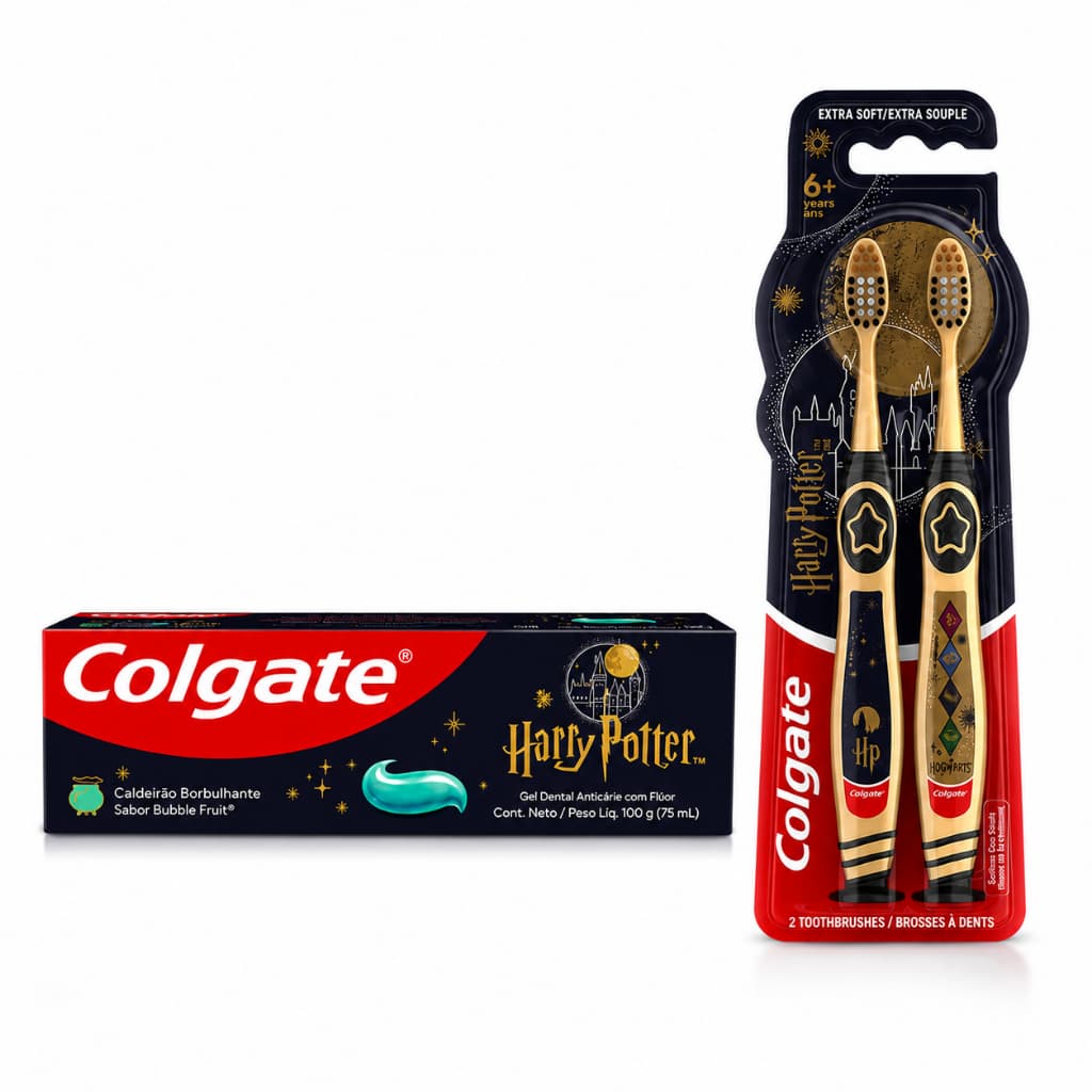 Creme Dental Infantil Colgate Gel Harry Potter Caldeirão Borbulhante Pasta De Dente Flúor Sabor Bubble Fruit Kit + Escov