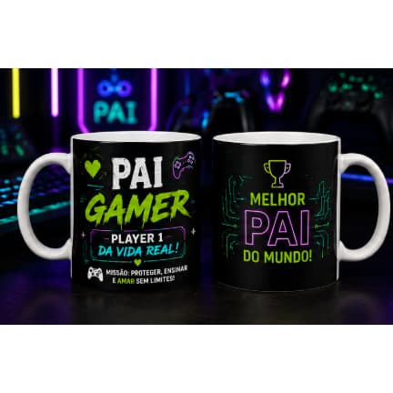Caneca Pai Gamer 325ml Porcelana Presente Dia dos Pais Player 1 da Vida Real Personalizada Criativa Geek