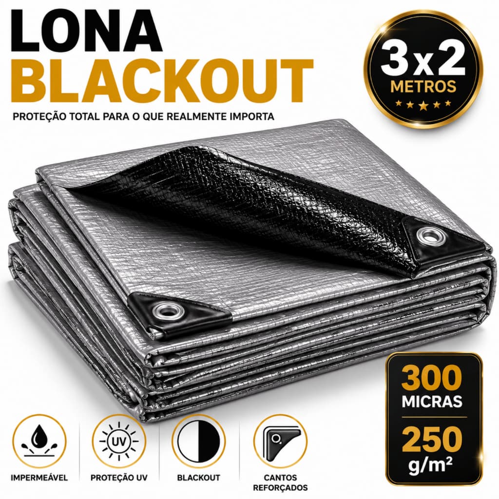 Lona Impermeável 3X2 Reforçada Proteção UV 300 Micras Grossa Multiuso Cobertura Blackout 250g/m²