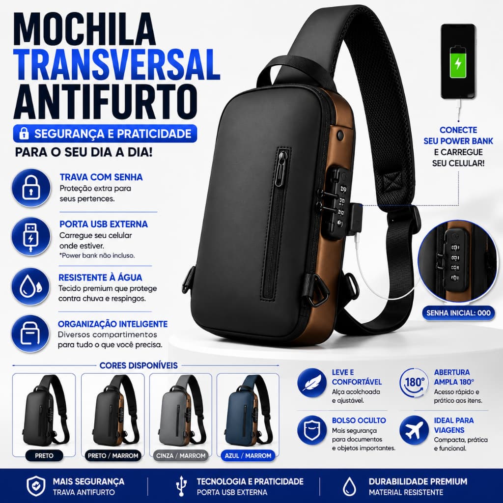 Mochila Transversal Antifurto com Trava Senha USB Impermeável Bolsa Ombro Viagem Masculina Eletromex