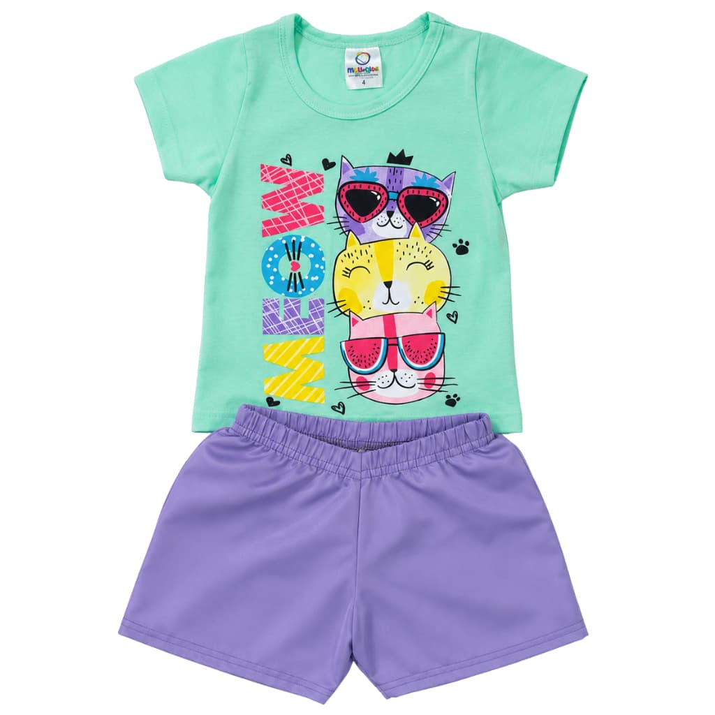 Conjunto Infantil Verão Menina Estampado Meow Verde Premium Bebê Feminino