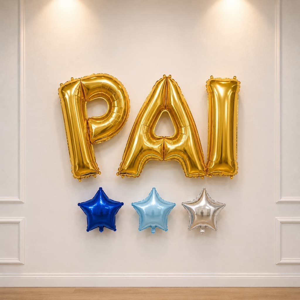 Balão Metalizado Letra PAI Dia dos Pais + 3 Estrelas Azul Prata Dourado 5 peças