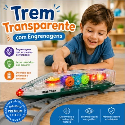 Trem Educativo Transparente Mecanismo Engrenagens Brinquedo Infantil Didatico Desenvolve Raciocinio