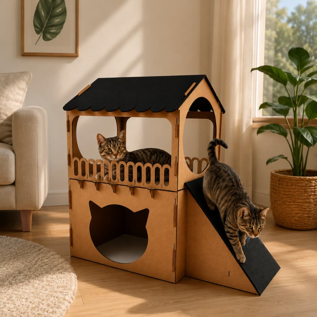Casa Para Gatos Dois Andares Toca Em Mdf Cama Beliche Brinquedo Arranhador Gato Diversão 75x65x32cm