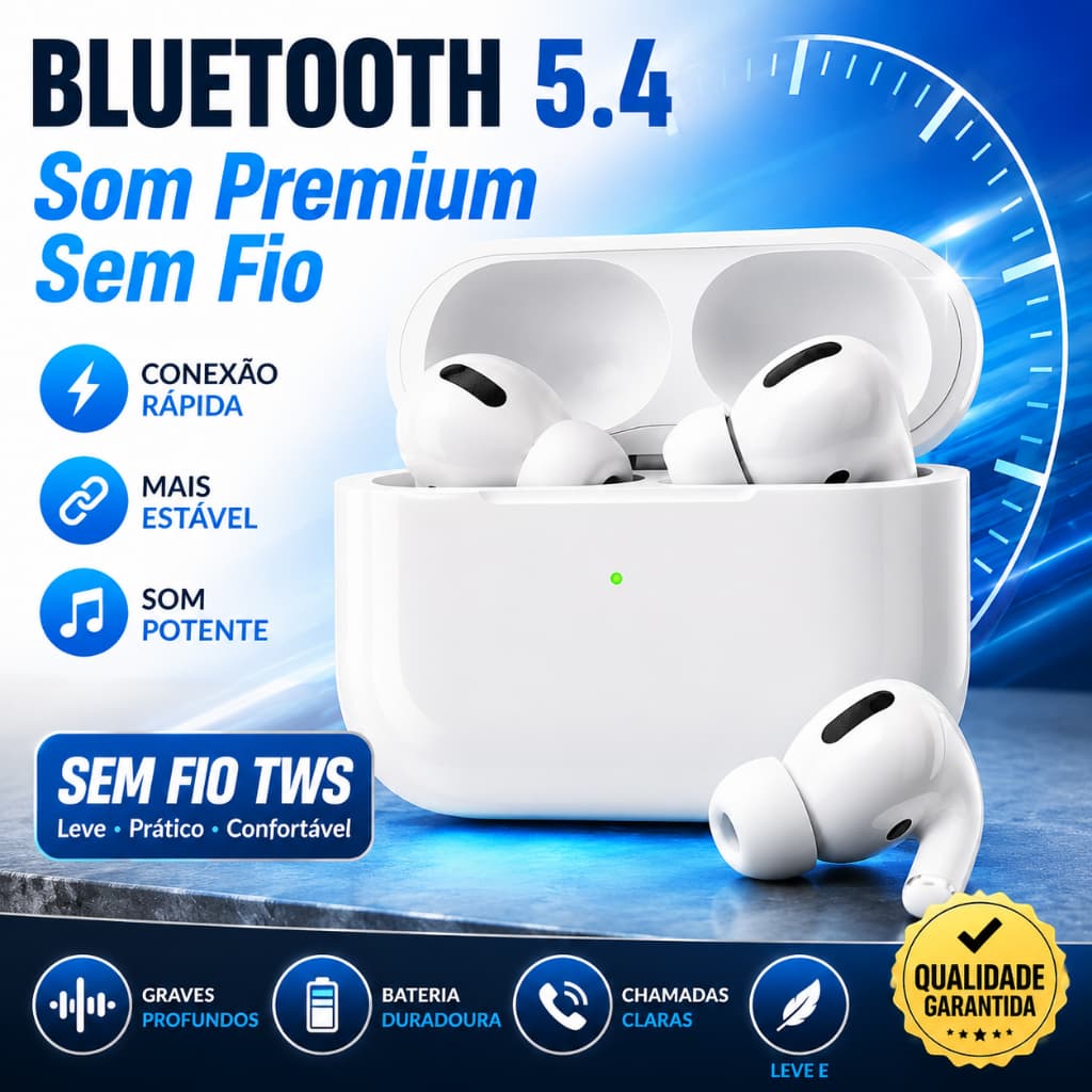 Fone Bluetooth 5.4 TWS Sem Fio Com Estojo Grave Potente Microfone Esporte e Chamadas