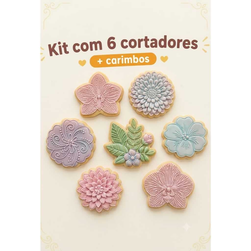 Kit 6 cortador de biscoito com marcador, carimbo tema floral cortador massinha molde flores