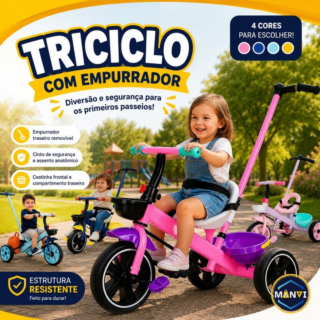 Triciclo Infantil Passeio Haste Empurrador Pedal Andador Cestinha Brinquedo Criança 1 ano