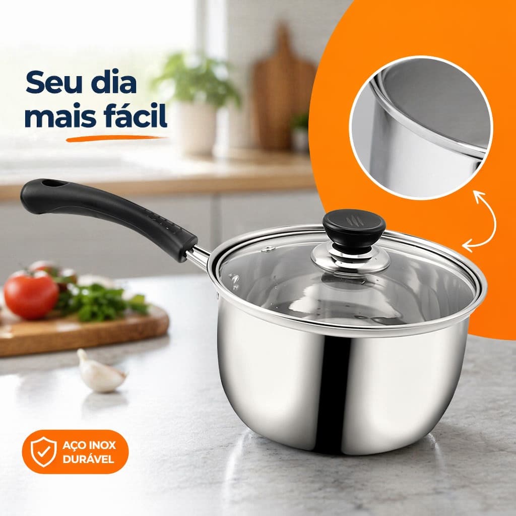 Panela de Molho Inox com Tampa Cabo Longo Lava-louças para Cozinha e Restaurante