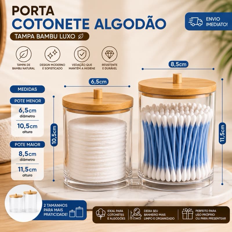 Kit Porta Algodão e Cotonete em Acrílico Tampa Bambu  Higiênico Banheiro Lavabo Original Luxo