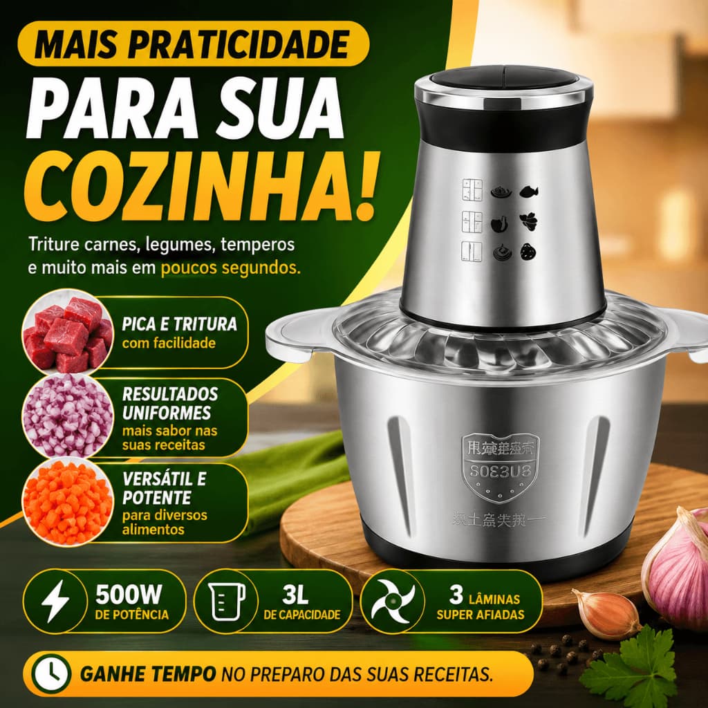 Multiprocessador de Alimentos Elétrico 3L Inox 500W com 3 Lâminas Processador Triturador de Carne