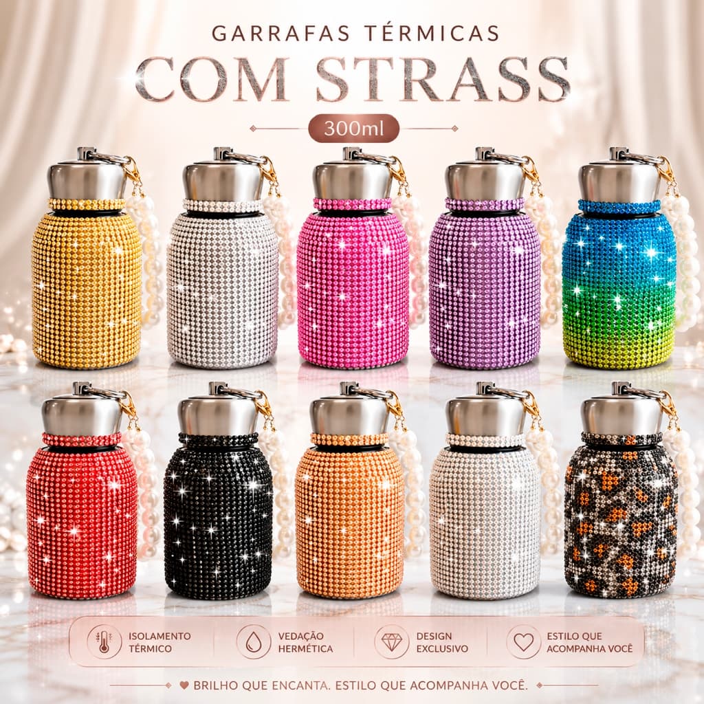 Garrafa Térmica de Inox Com Tampa Pincel Brilho Cravejado Rhinestone Copo Térmico Portátil