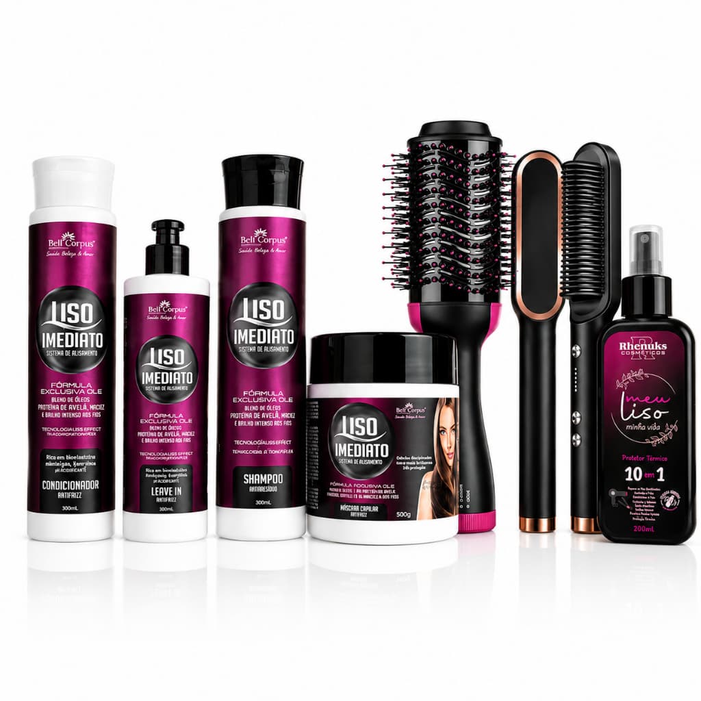 Kit Cabelo Liso Imediado + Pente Escova Alisadora + Escova Secadora Profissional + Protetor Termico