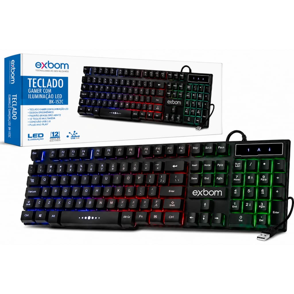 Teclado Gamer LED USB ABNT2 com Teclado Numérico Multimídia PC Notebook - BK-152C -  Exbom