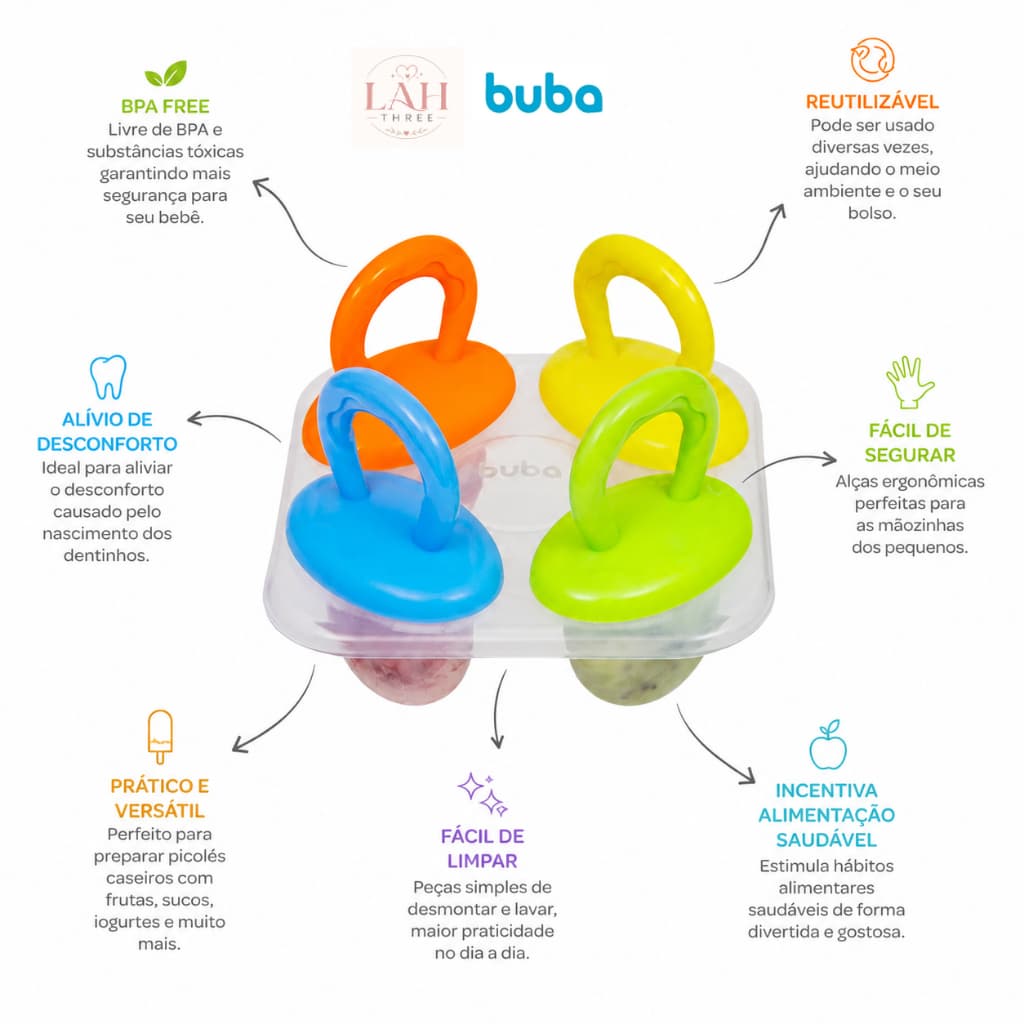 Kit Forminha para Picolé Infantil Buba com 4 Formas Reutilizáveis para Frutas e Sucos