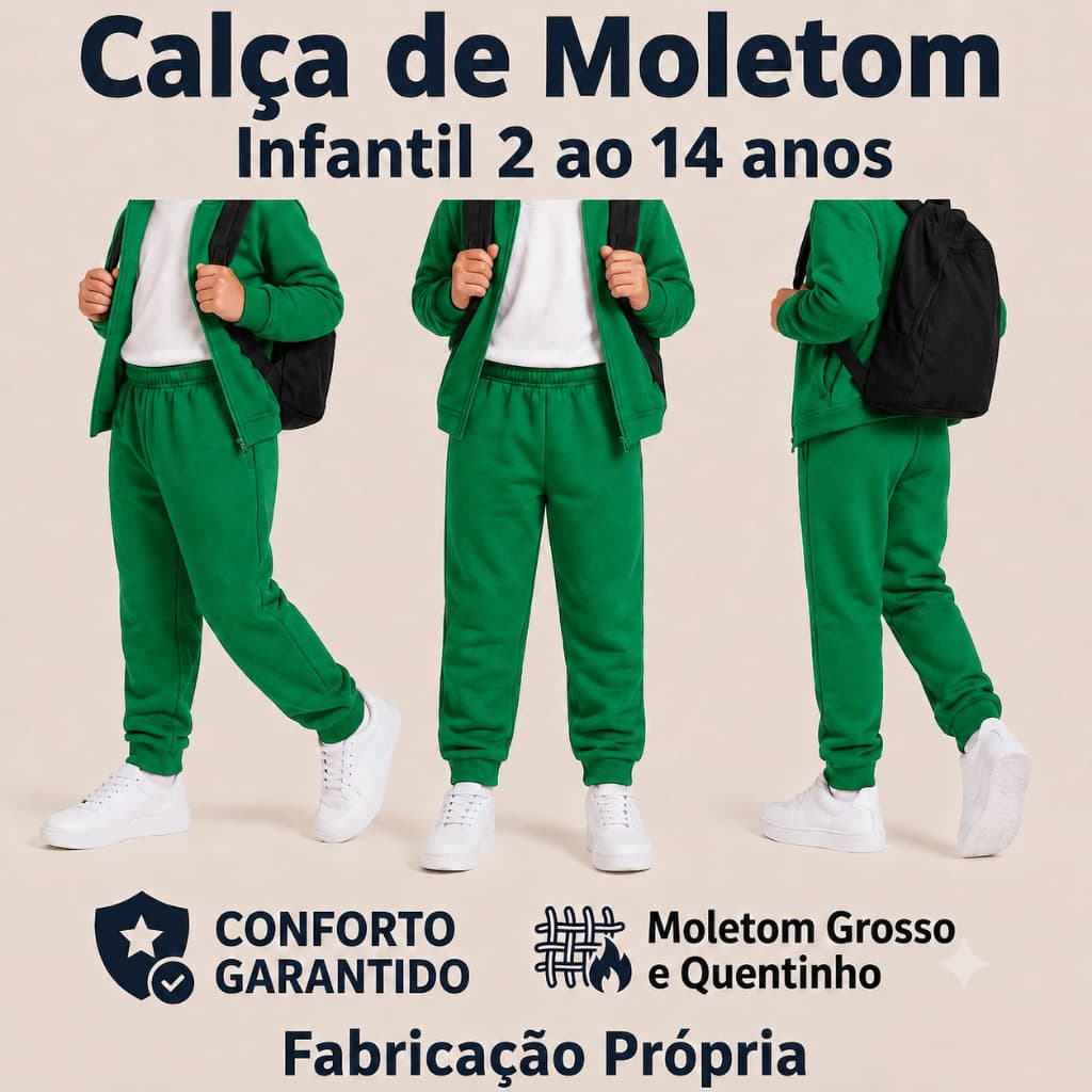 Calça de Moletom Infantil Verde Bandeira Escolar Para o Inverno Escolar