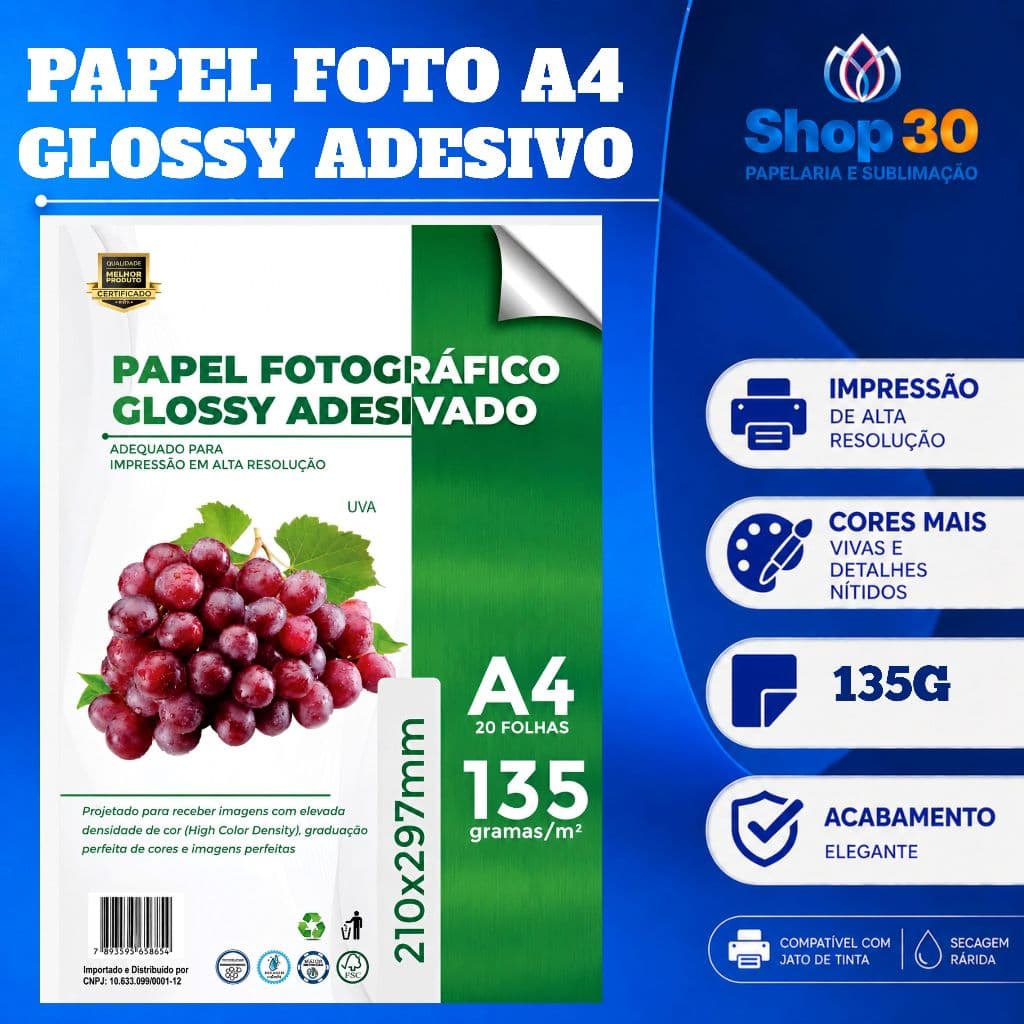 Folhas Papel Foto Adesivo A4 135g Glossy - ENVIO 24H