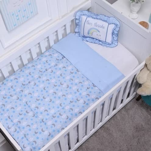 Kit Edredom Berço NUVEM Com Carinho Azul 2 Peças Bebê Menino 100% Algodão