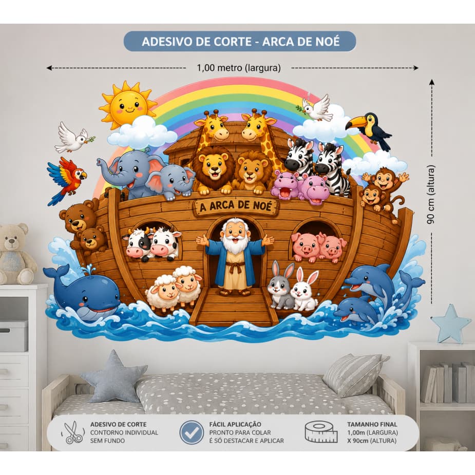 Adesivo de Parede Infantil Arca de Noé Grande 100x90cm Vinil Recortado Premium