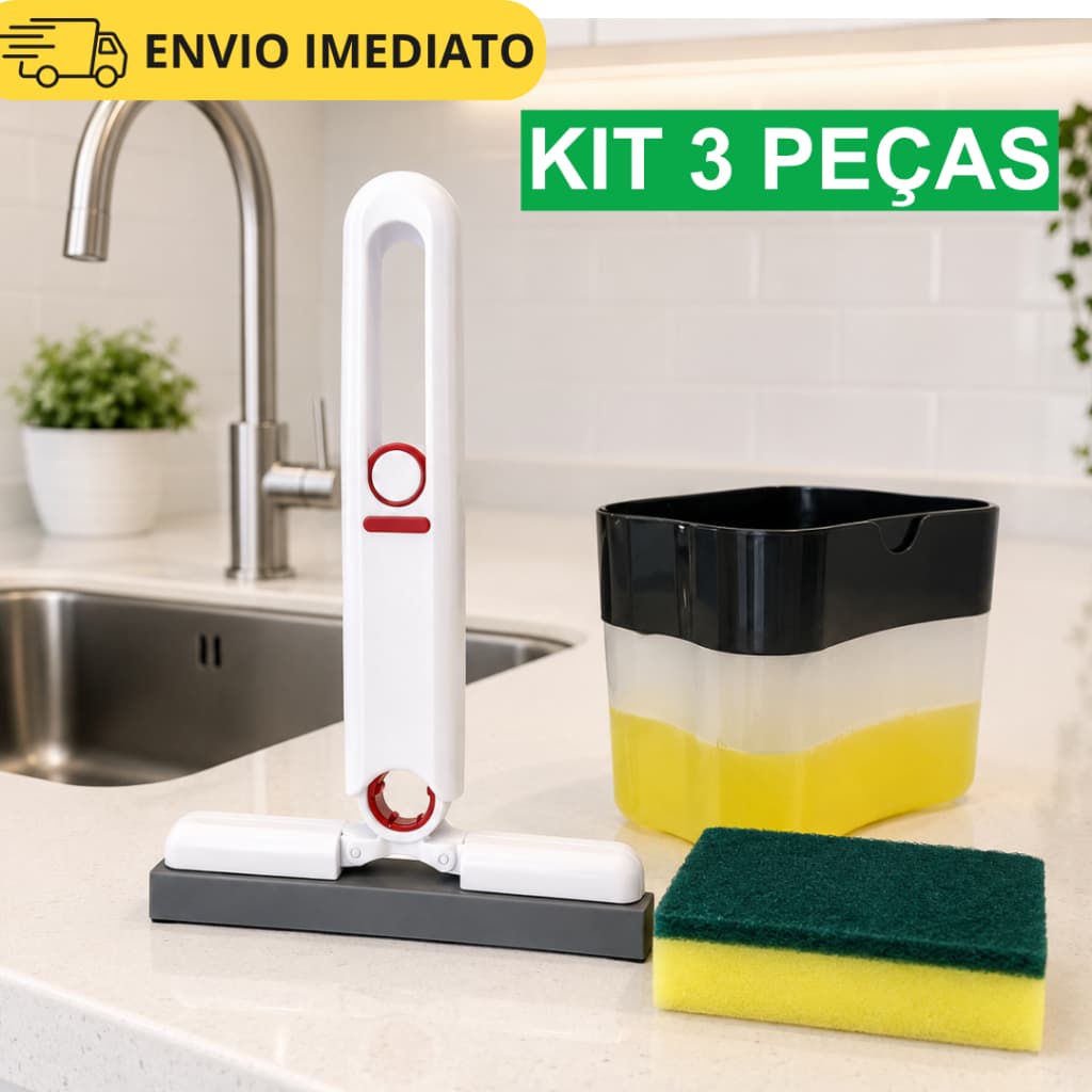 Kit Pia 3 Peças Porta Detergente Dispenser + Esponja + Rodo Mini Mop