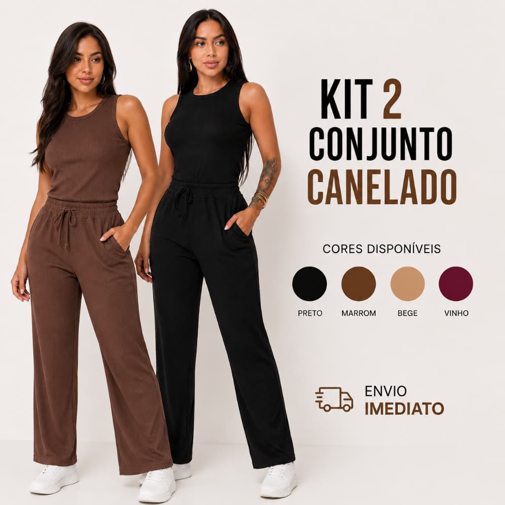 Kit 2 Calça Wide Leg Pantalona Bolsos + Regata Plus Feminino Moda Verão Inverno Elegante