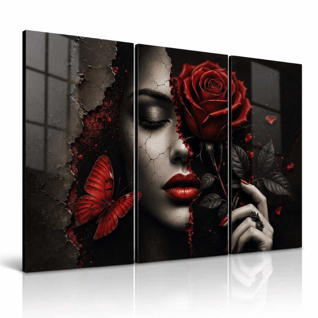 Kit 3 Quadros Decorativos Mulher com Rosa Vermelha e Borboleta Arte Moderna para Sala e Quarto