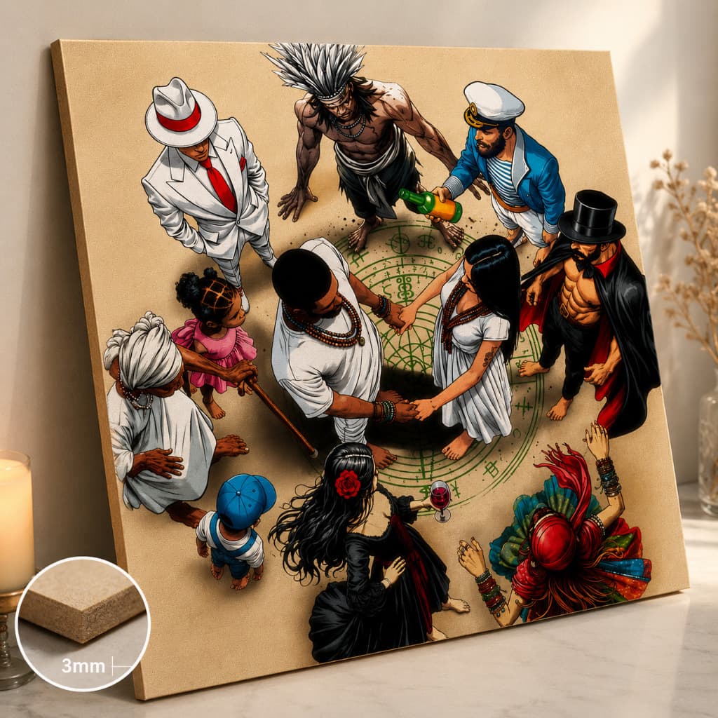 Quadro Decorativo Gira Umbanda com Caboclo, Preto Velho, Preta Velha, Exu, Pomba-Gira, Erê, Zé Pilintra e Ciganas E FÉ