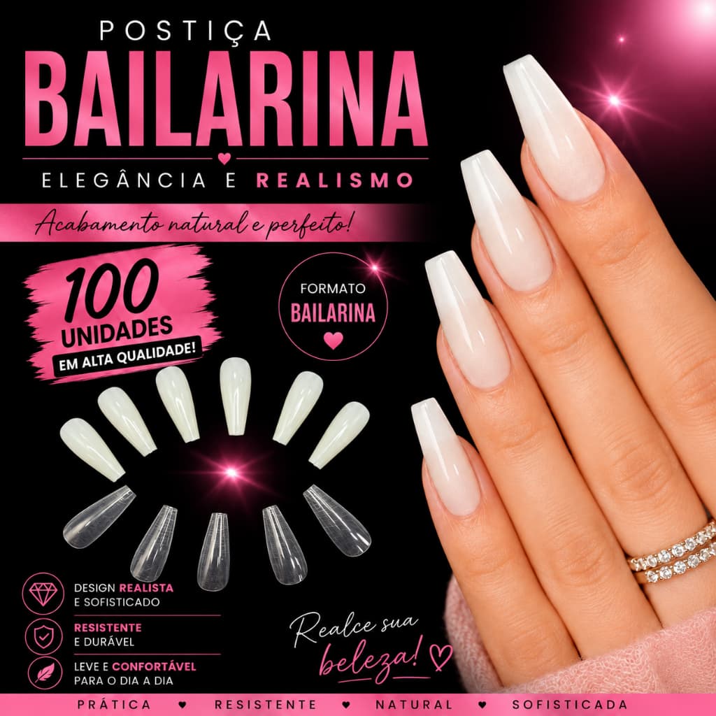 Unha Postiça Bailarina Realista 100 Unidades para Manicure Alongamento P15/P24