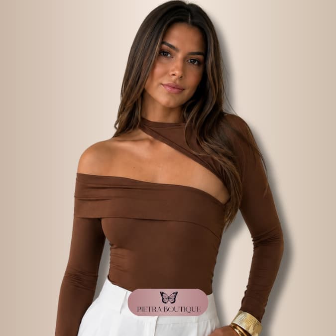 Body Assimétrico de  Manga Longa em Tecido Suplex | Blusinha Feminina Elegante c/ Elasticidade