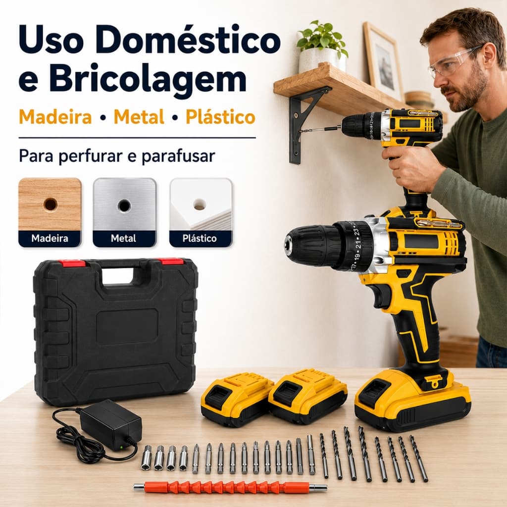 Parafusadeira Furadeira 48v C/ 2 Baterias Maleta Kit Completo  Eixo Flexível Vários Níveis Torque