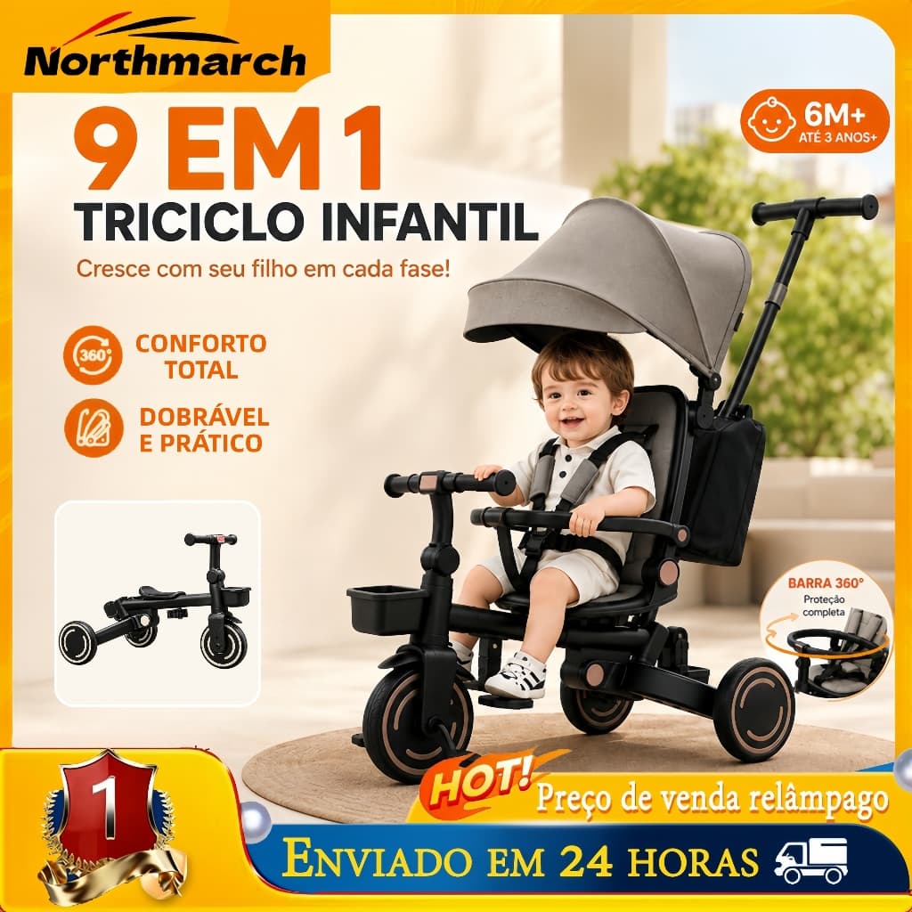 Triciclo Infantil 9 em 1 Dobrável Barra 360° Capota Protetora Cinto Segurança 6M+ até 3 Anos