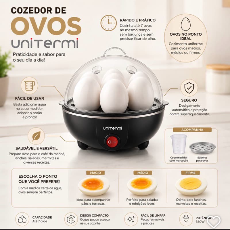 Cozedor de Ovos Elétrico cozinha a vapor 7 ovos por vez Preto UNITERMI