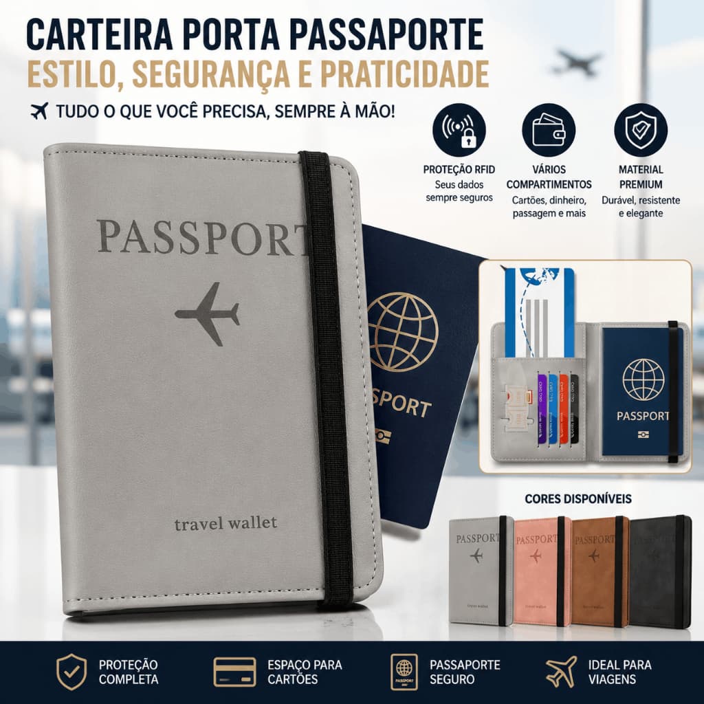 Porta Passaporte Organizador de Documentos Viagem Carteira Porta Cartão Porta Documentos Travel Wallet RFID Premium